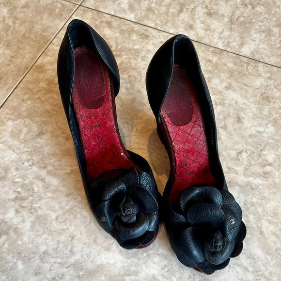 CHANEL, Shoes, Chanel Camellia Flower Wedge Sandals Black And Red Size 37  2 Euro 7 Us